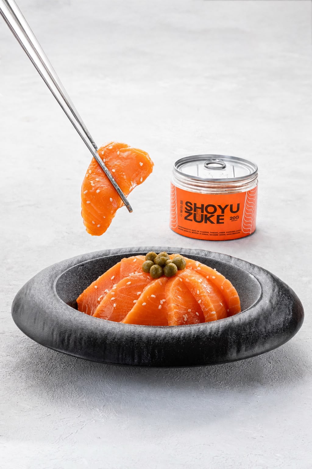 Shoyuzuke Carpaccio — 220g can of orange & citrus, olive oil, capers